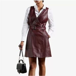 Ted Baker Palmara Sheepskin Leather Belted Wrap Dress in Wine Size 4 US 10
